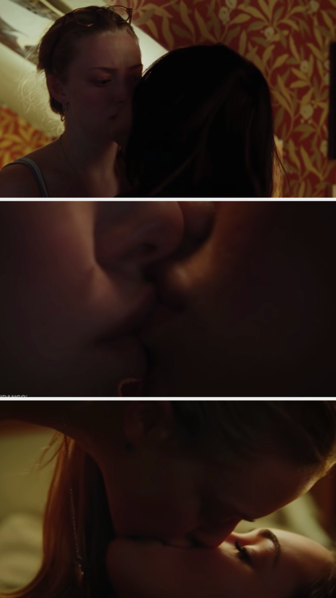 Jennifer kissing Needy, and Needy pushing Jennifer onto the bed and getting on top of her