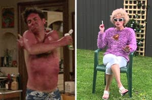 Side by side image showing a man extremely sunburnt and a woman sitting on a lawn chair with a cigarette