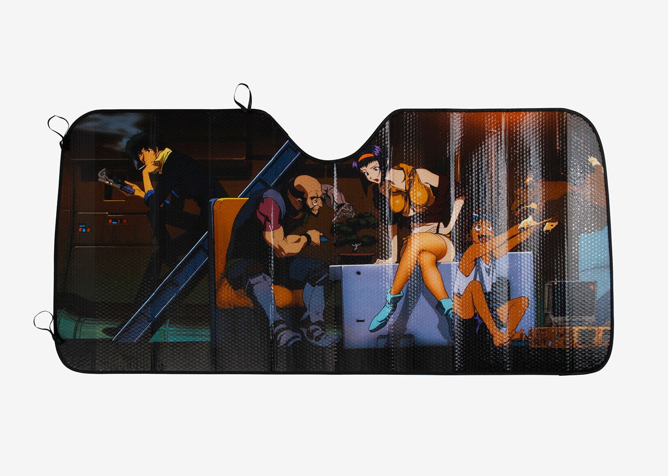 a sun shade with &quot;Cowboy Bebop&quot; characters on it 