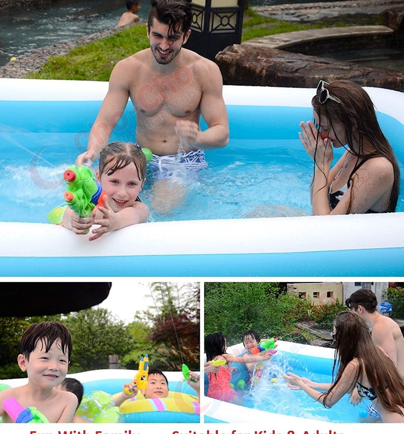 A collage of a family playing in the tub,