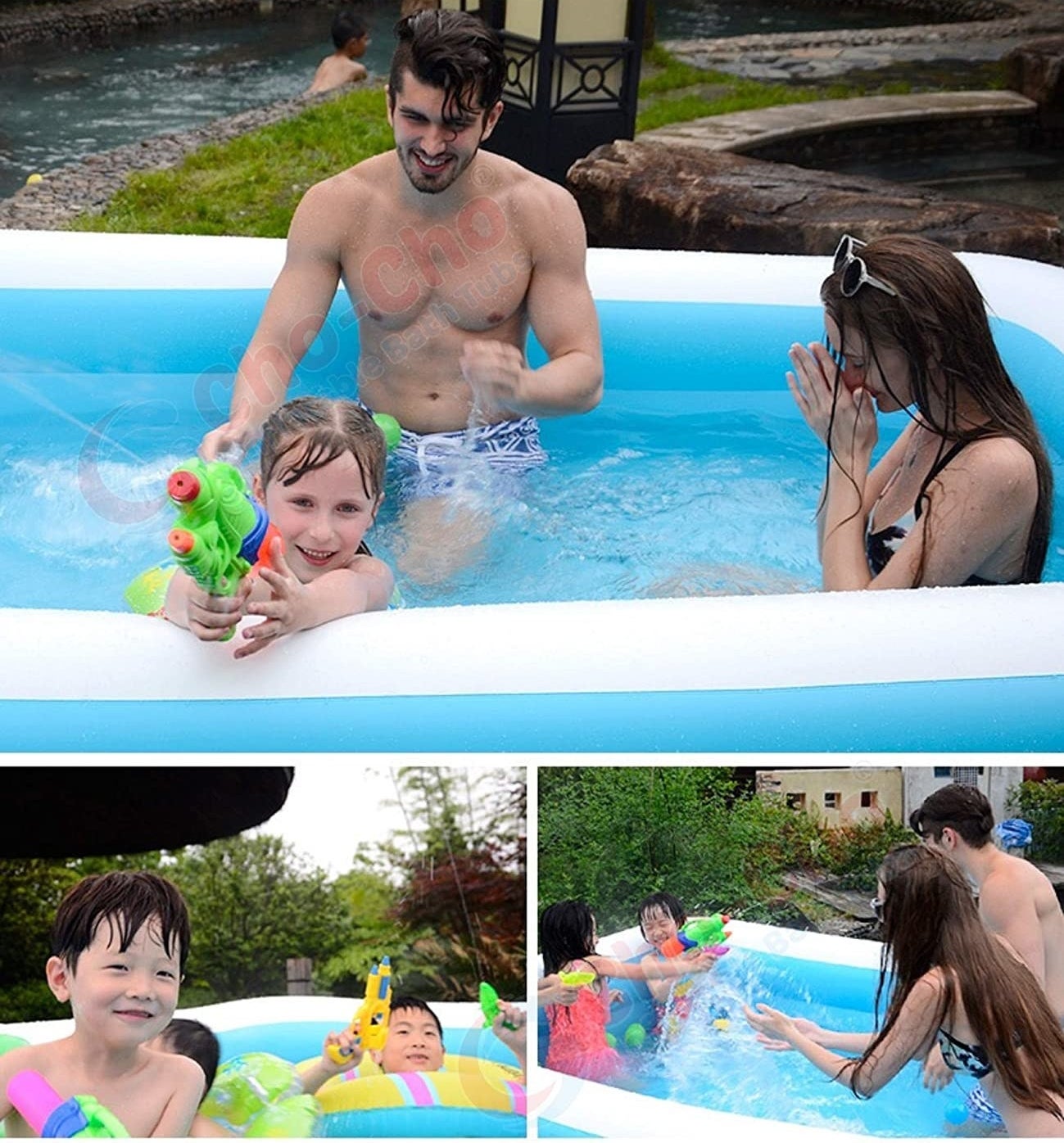 A collage of a family playing in the tub,