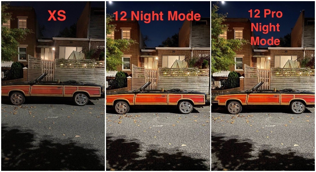 Comparison of photos from iPhone XS, 12, and 12 Pro in Night Mode