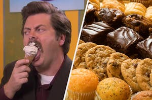 On the left, Ron Swanson from "Parks and Rec" licking an ice cream cone, and on the right, various desserts lined up, including brownies, chocolate chip cookies, and muffins