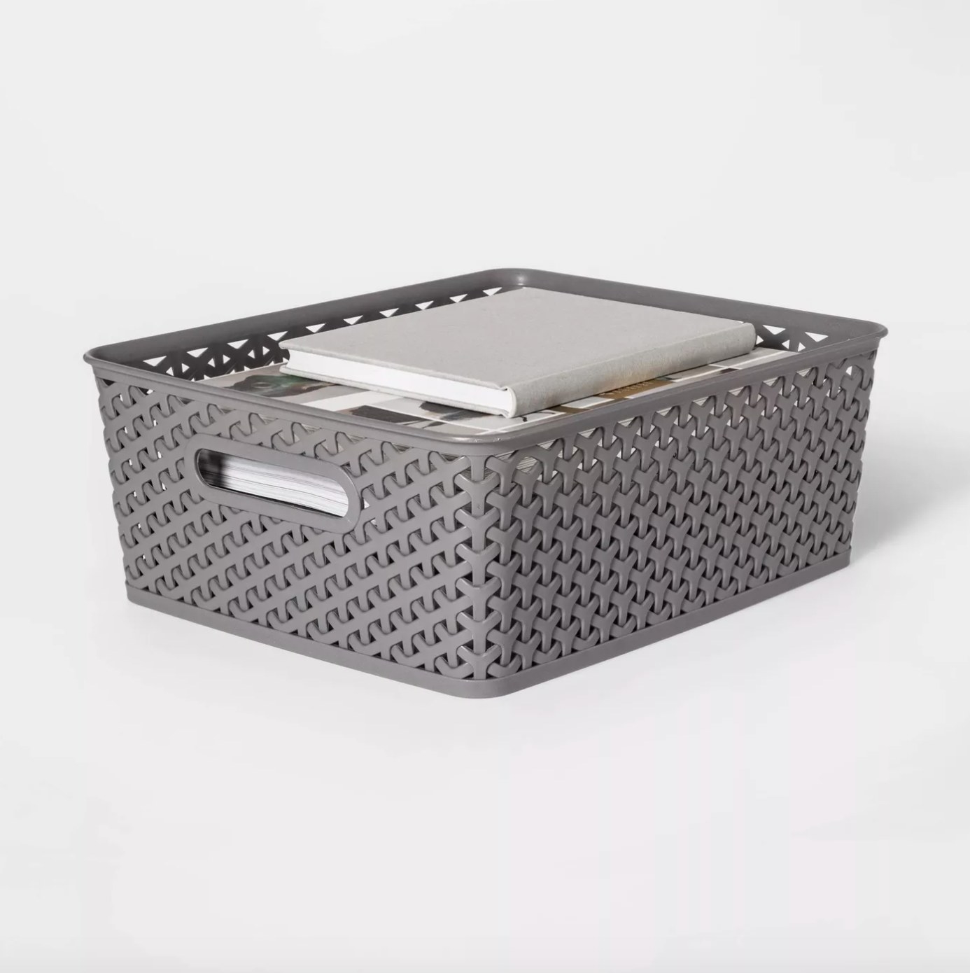 The medium rectangular storage bin in wicker gray