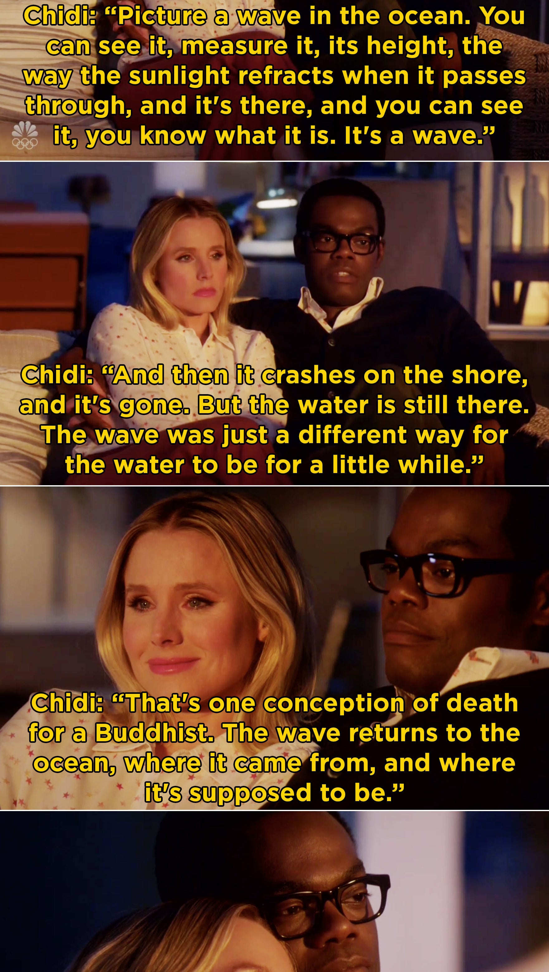 Chidi telling Eleanor how &quot;the wave returns to the ocean, where it came from, and where it&#x27;s supposed to be&quot;