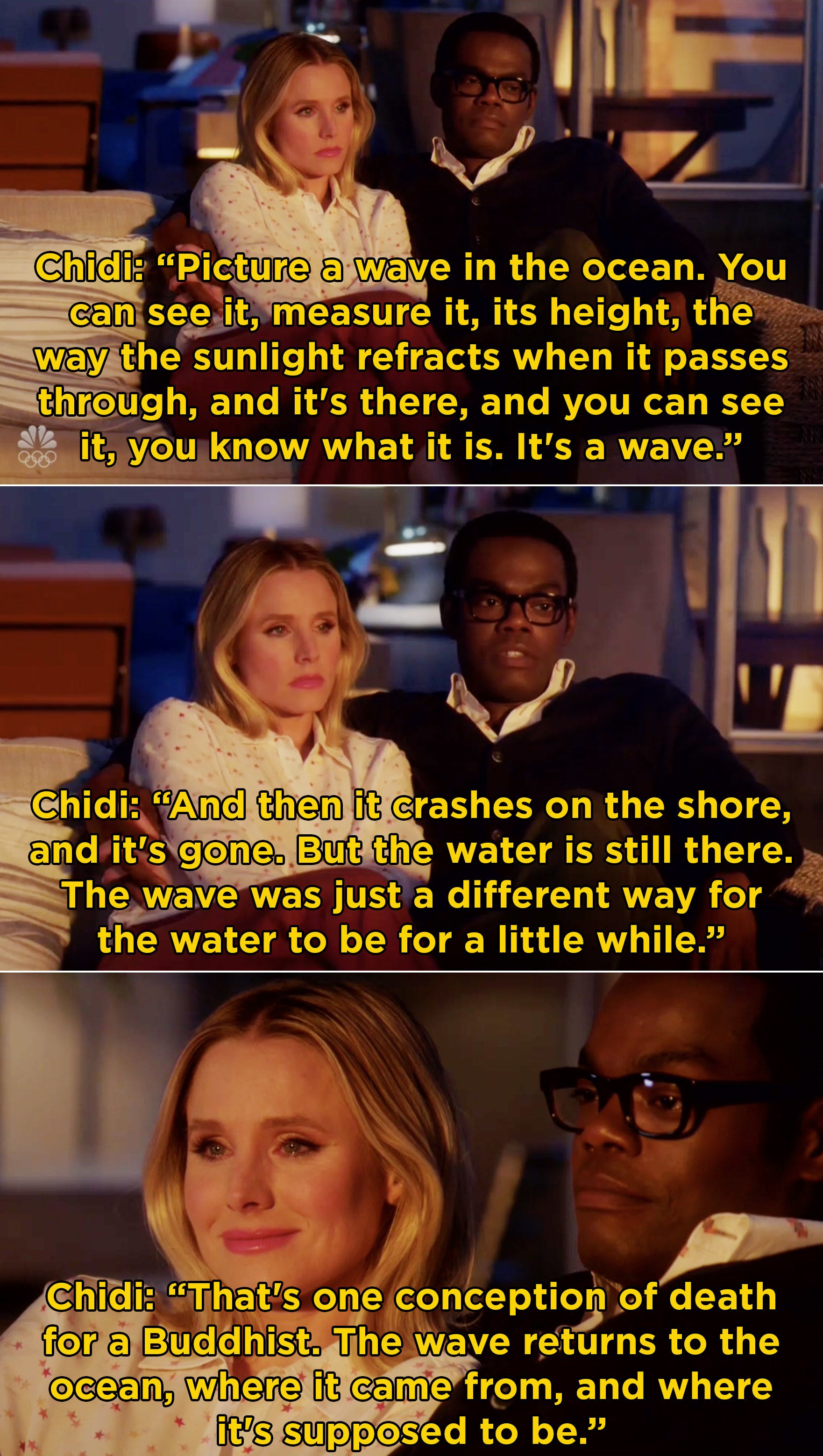 Chidi telling Eleanor how &quot;the wave returns to the ocean, where it came from, and where it&#x27;s supposed to be&quot;