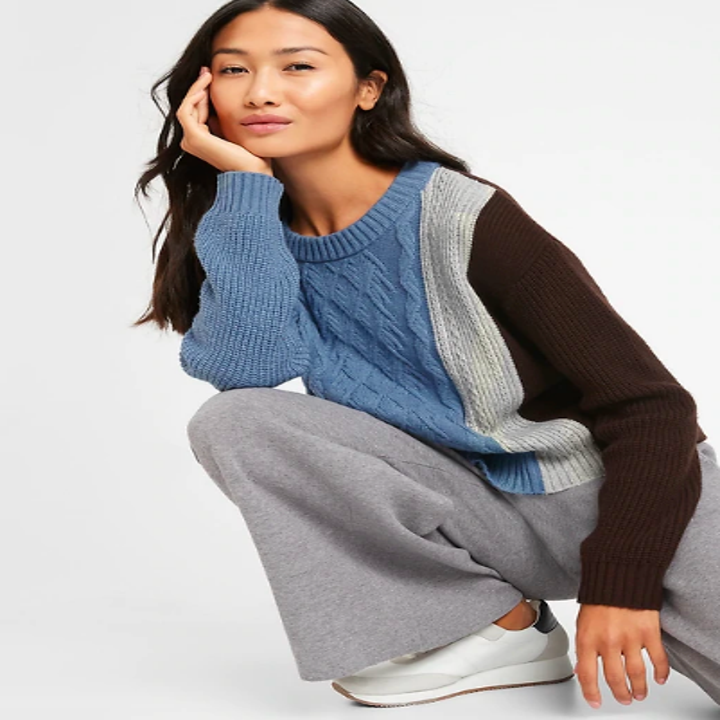 Same sweater in light blue, gray, and brown