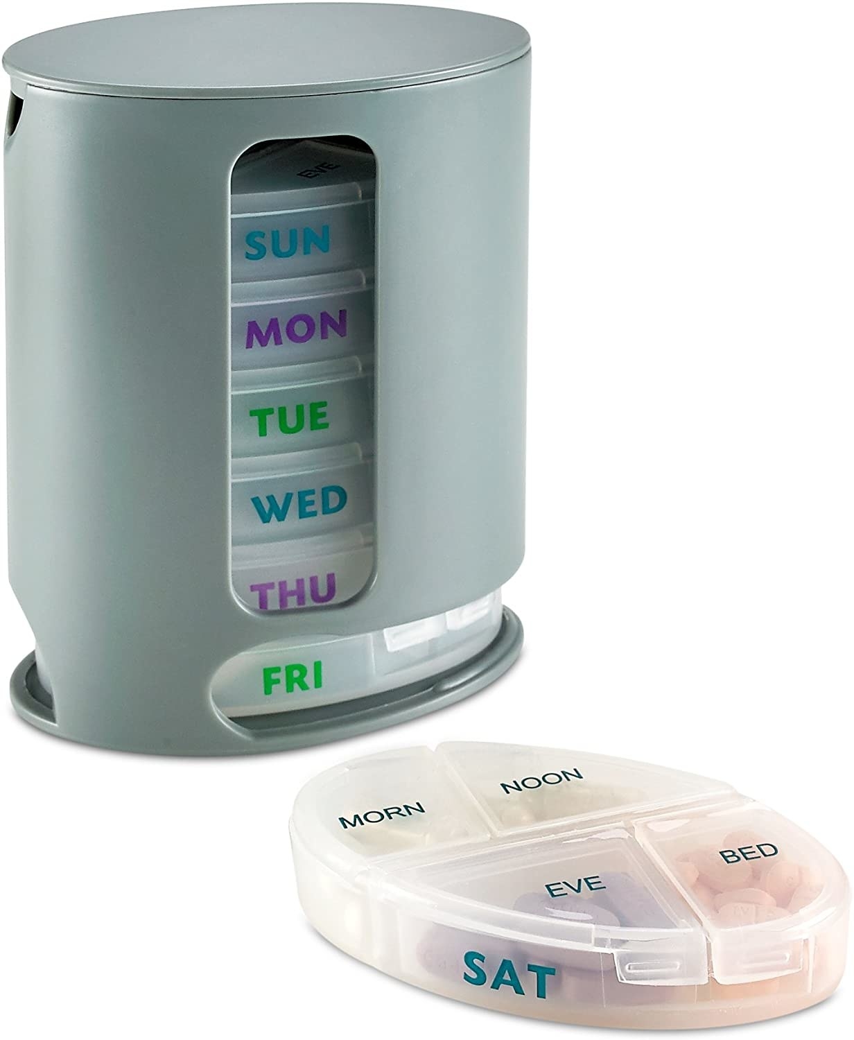 The dispenser and an insert with 4 compartments for morning, noon, evening, and bedtime