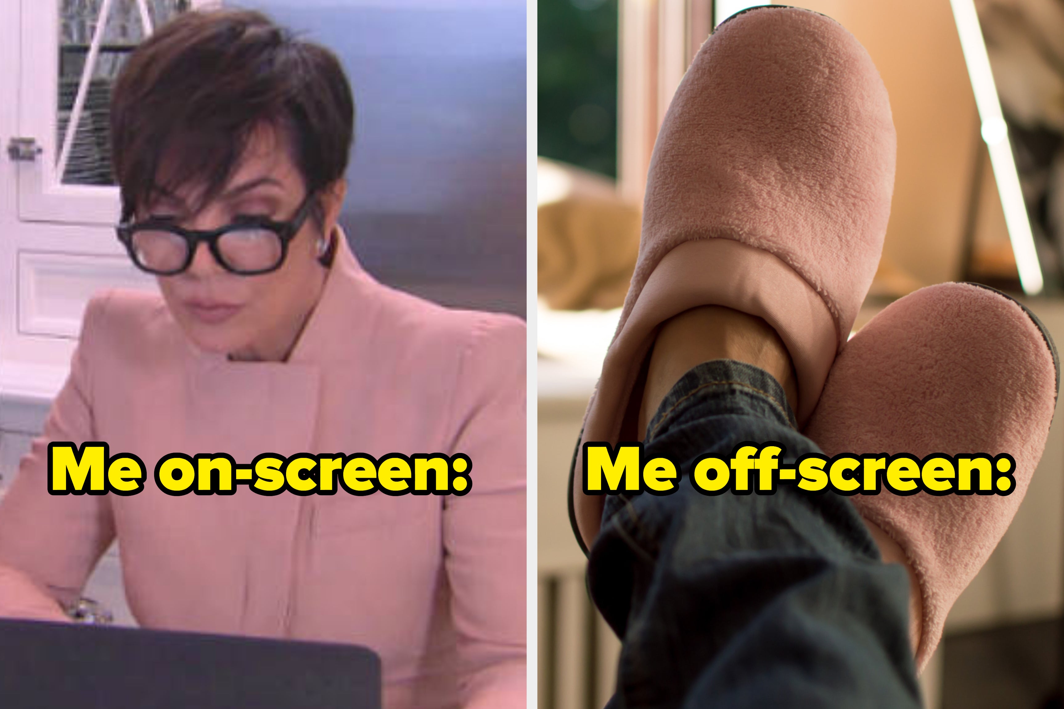 Kris Jenner typing at a computer in a blazer and glasses with the text 