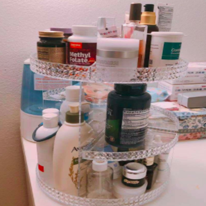reviewer pic of the organizer with beauty products on it