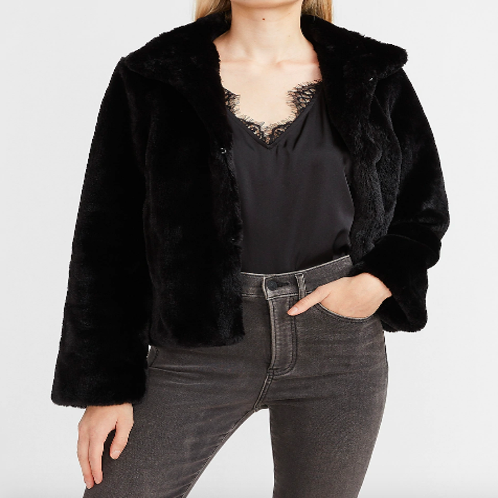 Faux fur collard jacket in black 