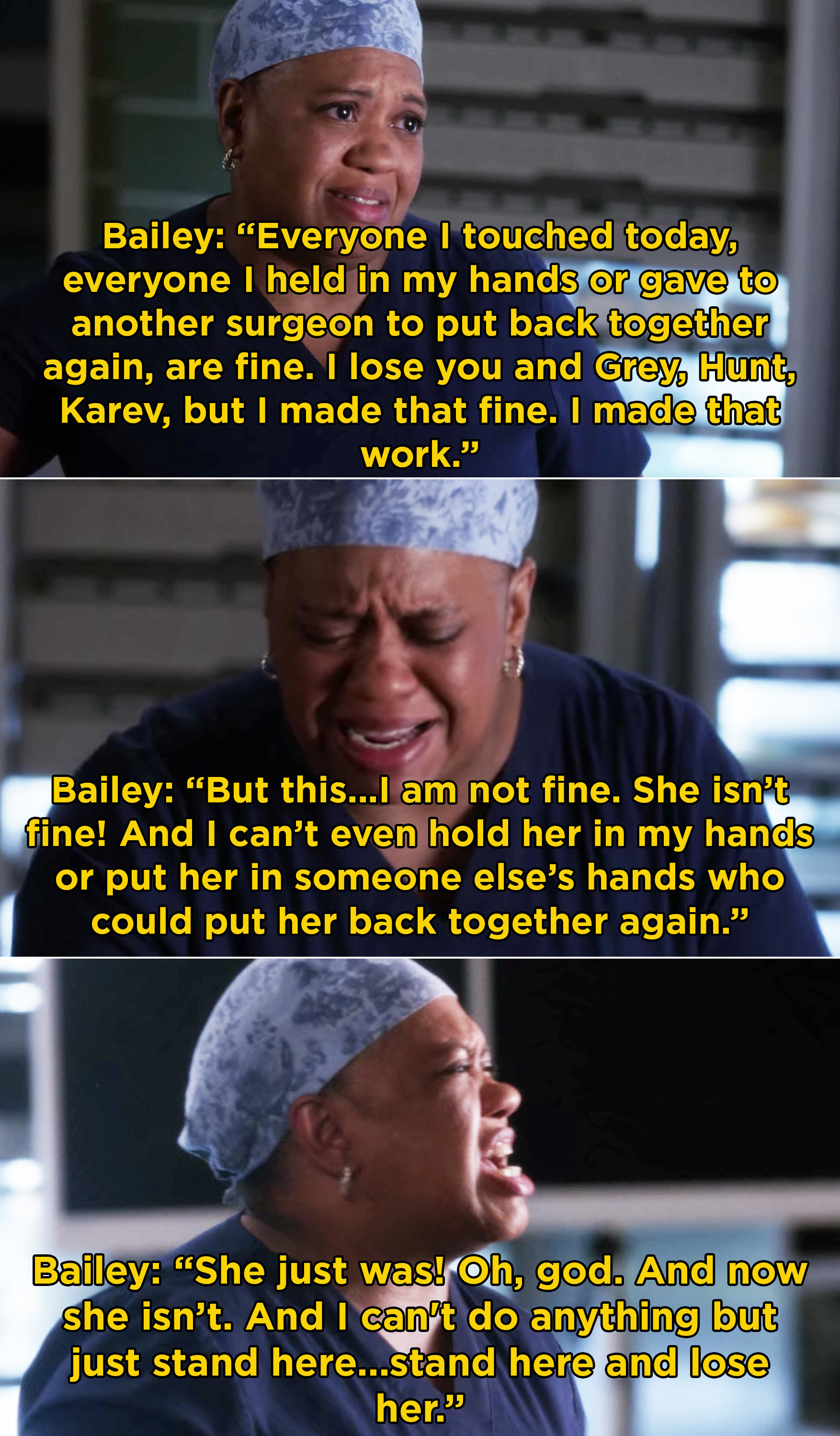 Bailey telling Richard how she was able to help every single patient today and save them, but she couldn&#x27;t save her baby