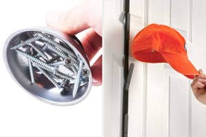 person holding magnetic tray with screws upside down, closeup of a hat storage rack
