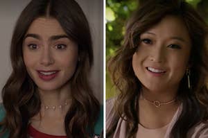 Emily looks surprised on the left with Mindy smiling on the right