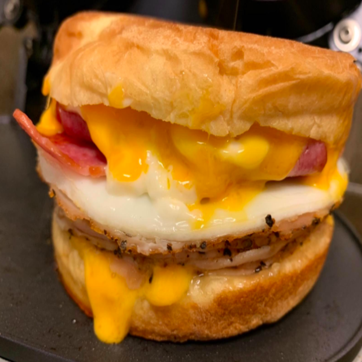 A reviewer photo of a breakfast sandwich a reviewer made using the maker