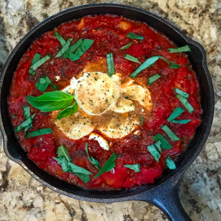 A reviewer photo of sakshuka that was cooked in the pan