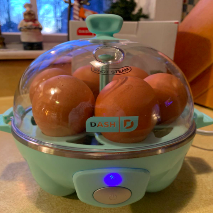 A reviewer photo of the light blue egg cooker