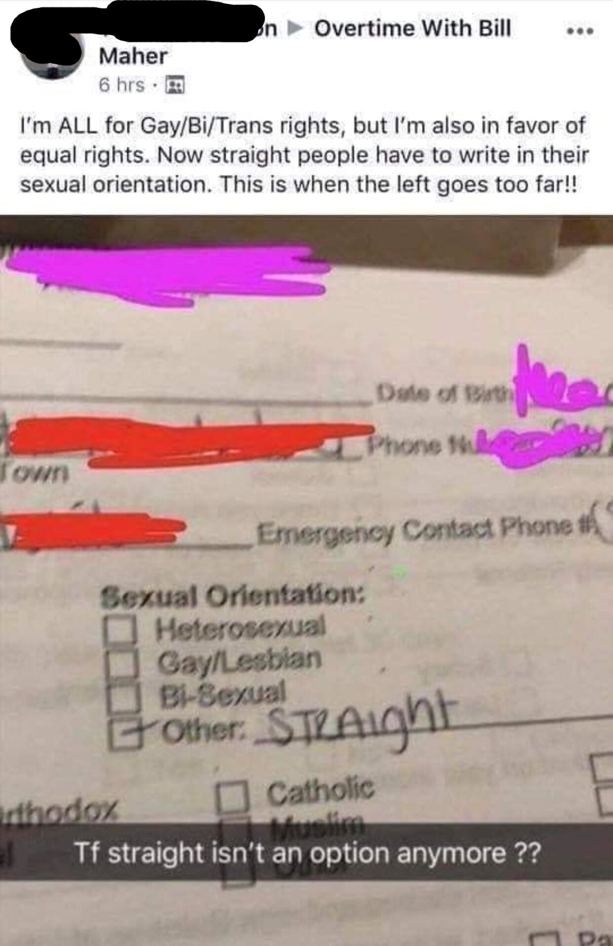 facebook post of someone posting a form asking sexual orientation and they&#x27;re mad straight isn&#x27;t an option but it says heterosexual