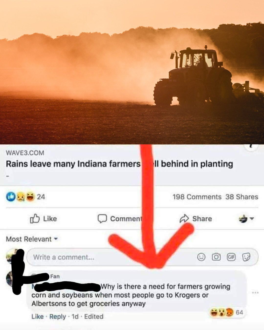facebook post of an article about farmer problems and someone says why is there a need for farmers when most people just go to the grocery store
