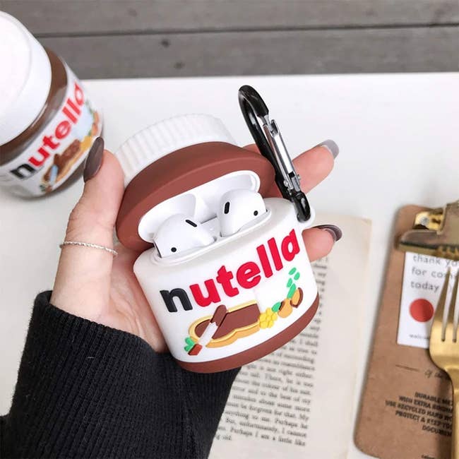 An AirPods case that looks like a jar of Nutella 