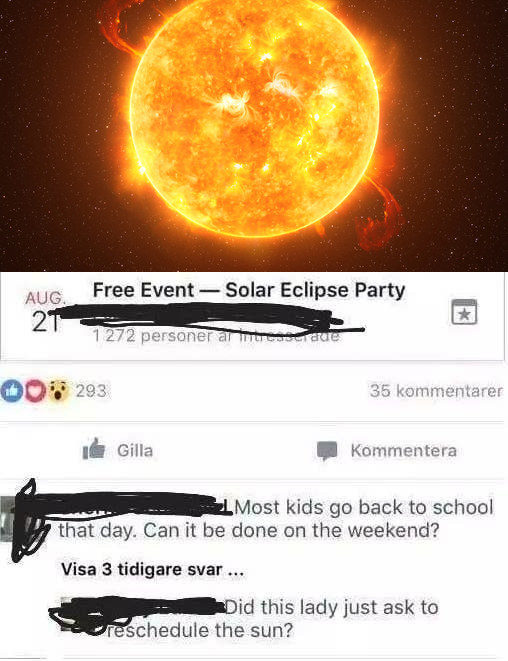 facebook event of a woman asking to reschedule a solar eclipse