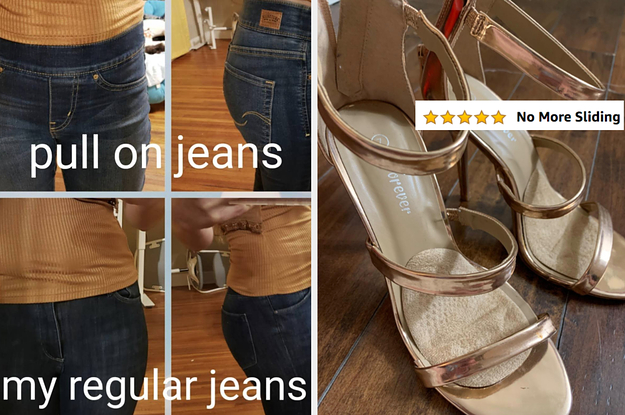 on the left reviewer wearing pull on jeans on top and regular jeans on bottom and on right reviewer photo of heels with added cushion