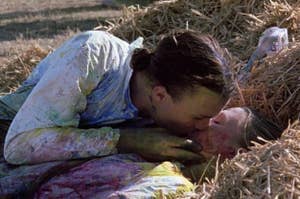 Kat and Patrick kissing in the hay during their paintball game in 10 Thing I Hate About You