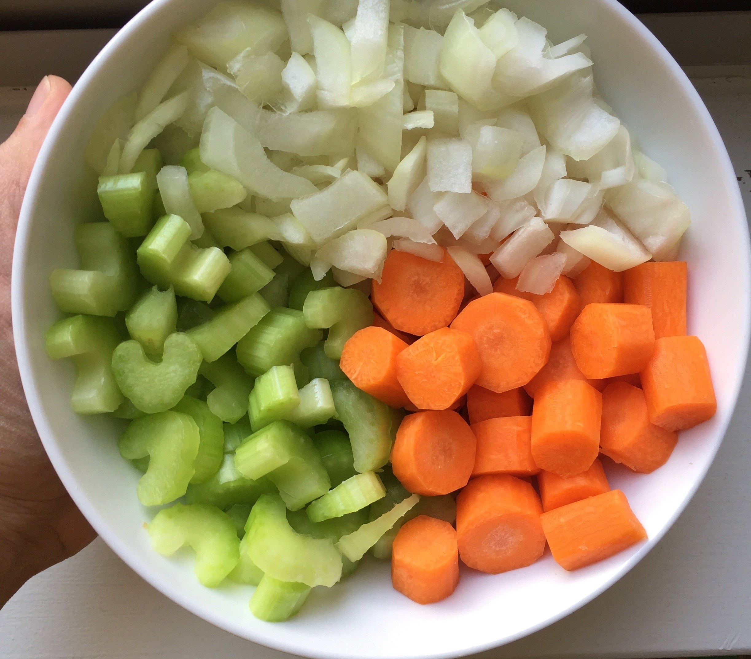 A prepped bowl of onions, carrots, and celery