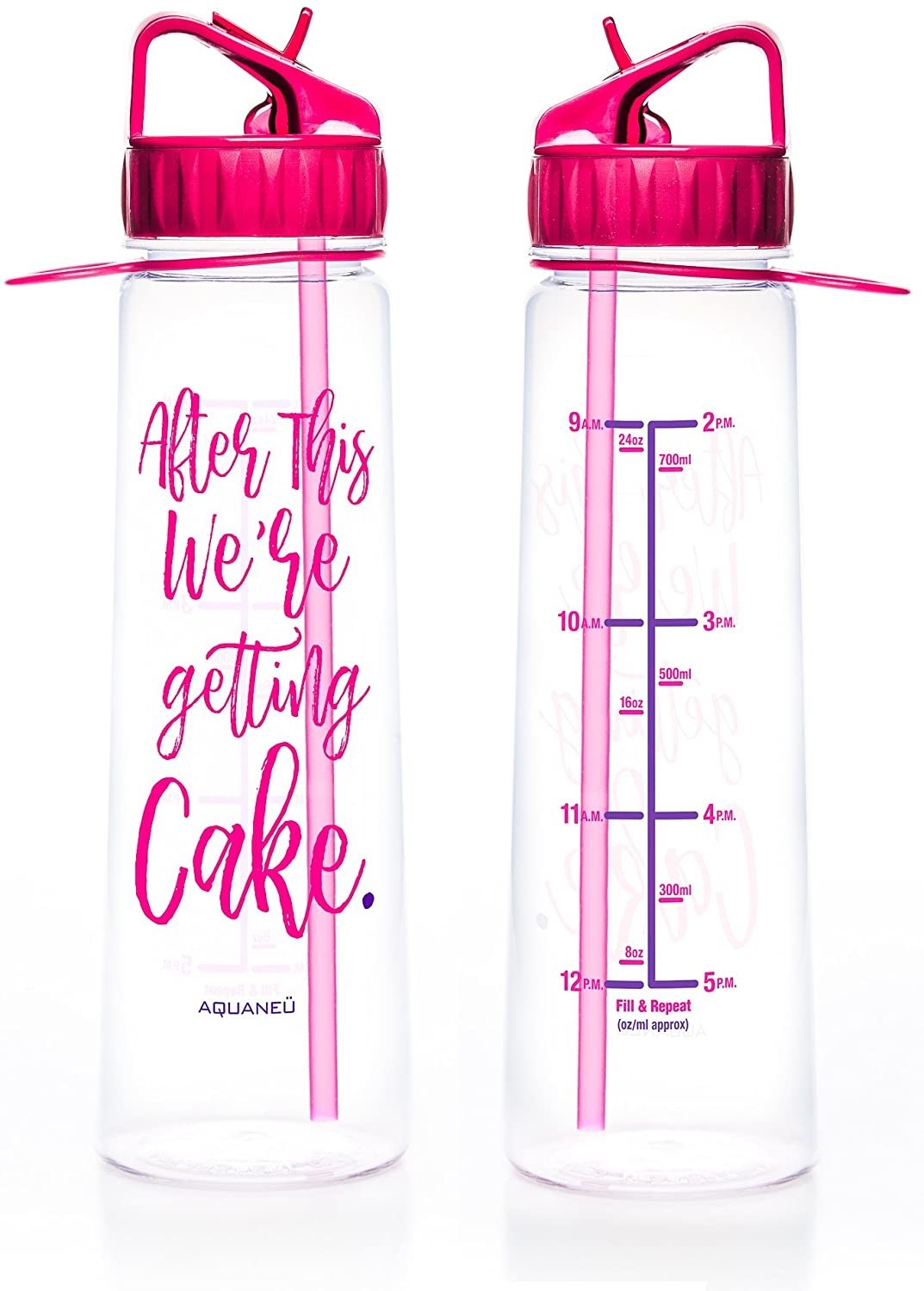 A transparent water bottle with time markings and the message &quot;after this, we&#x27;re getting cake&quot; written in pink, plus a pink lid 