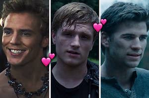 Finnick on the left, peeta in the middle, and gale on the right surrounded by heart emojis