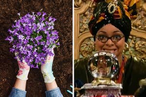 Someone planting some beautiful purple flowers on the left and raven from that's so raven looking into a crystal ball on the right