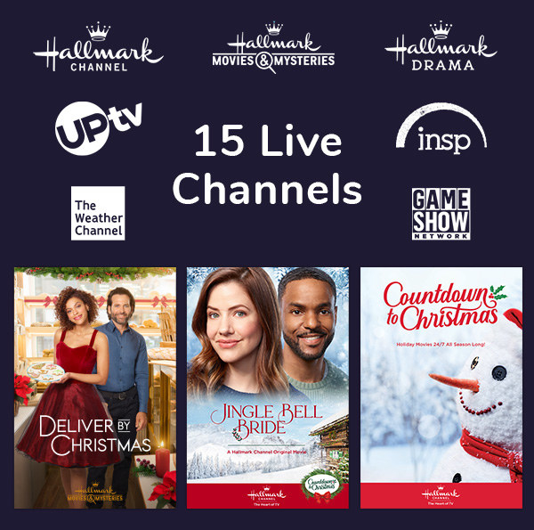 a screenshot from frndly tv showing various holiday movies and available channels