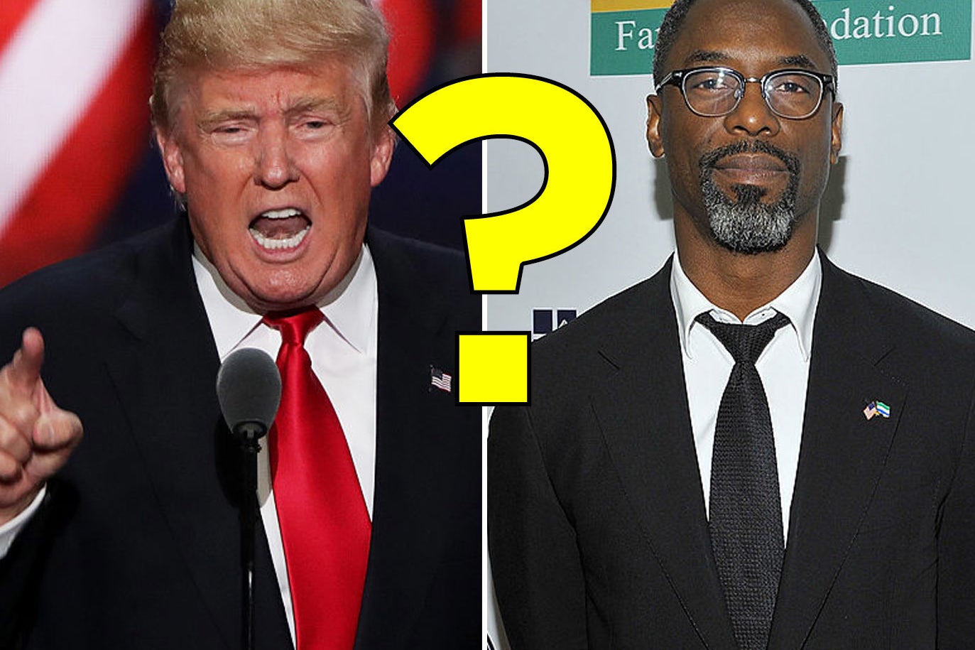 Donald Trump, and Isaiah Washington with a question mark labeled between them