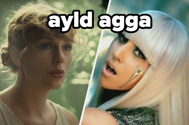 Taylor Swift is on the left with Lady Gaga singing on the right labeled, "ayld agga"