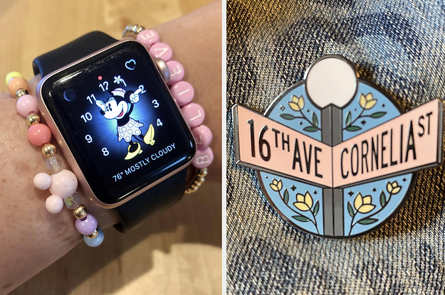 on the left an editor's custom disney beaded bracelets, on the right a taylor swift 16th ave and cornelia street enamel pin
