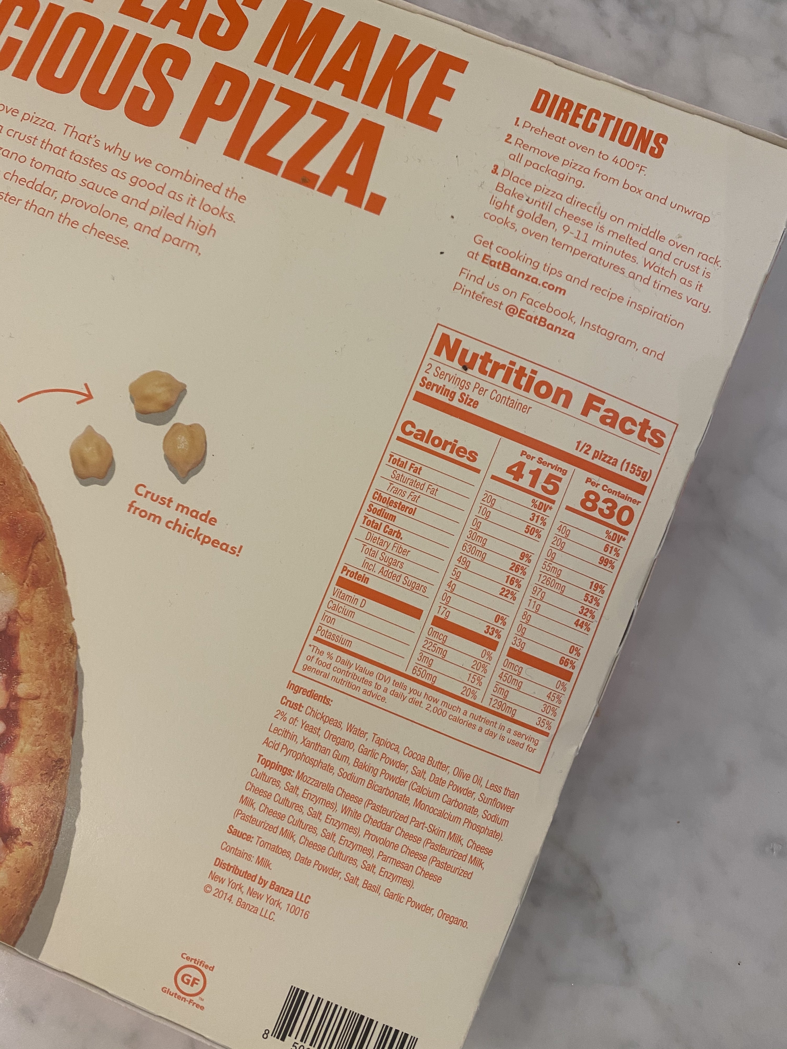 A nutrition label on the back of a Banza chickpea crust pizza.