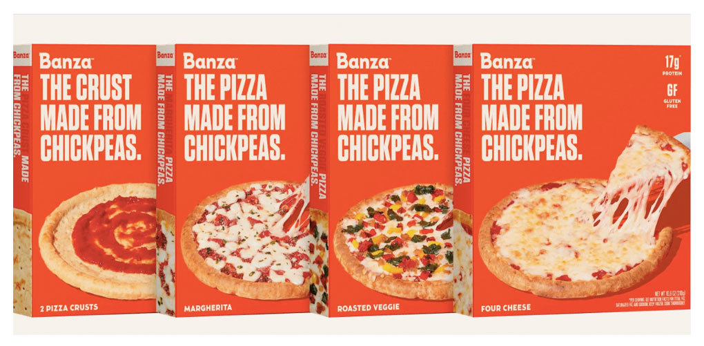 Four different kinds of Banza frozen chickpea pizza.