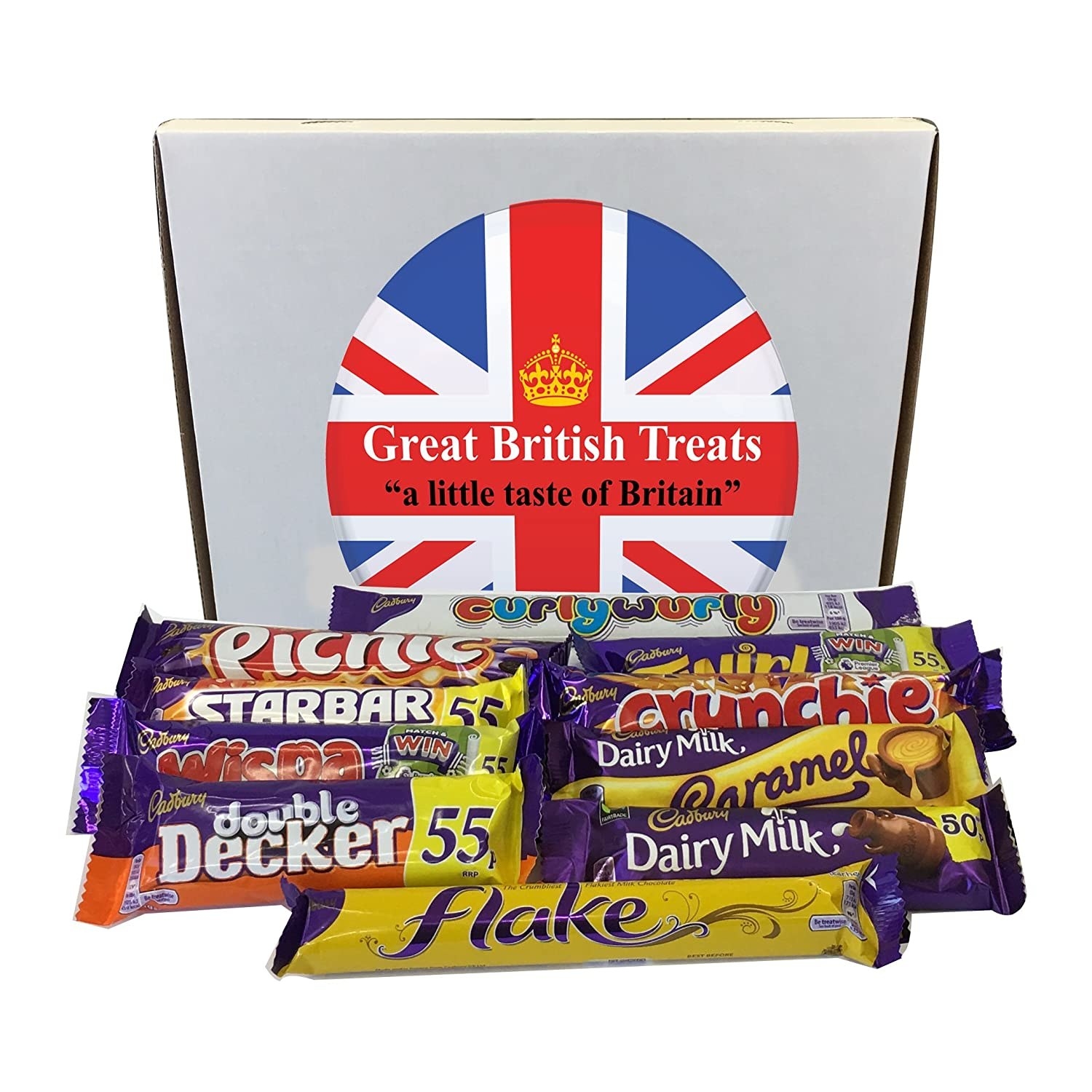 A box that says &quot;Great British Treats&quot; along with full-sized Cadbury chocolate bars in a variety of flavors 
