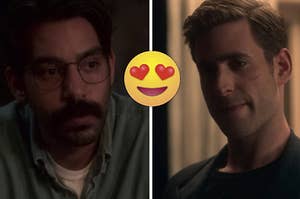 Owen and Peter from "Haunting of Bly Manor" face each other with a heart eyes emoji in the center