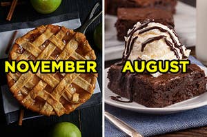 On the left, an apple pie labeled "November," and on the right, a brownies sundae with hot fudge labeled "August"
