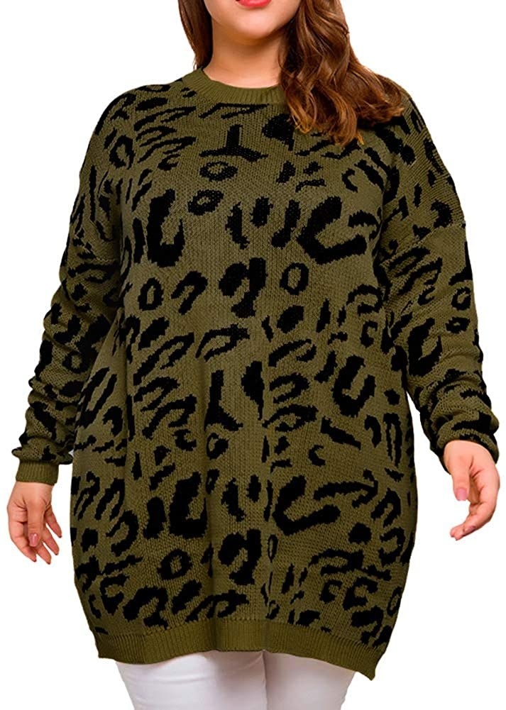 long olive sweater with black leopard print 