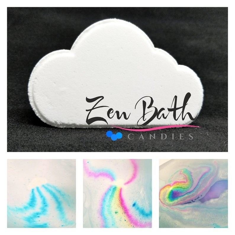 the cloud shaped bath bomb and rainbow bath water 