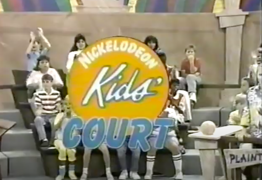 The logo for &quot;Nickelodeon Kids&#x27; Court&quot; with kids sitting in the audience in the background