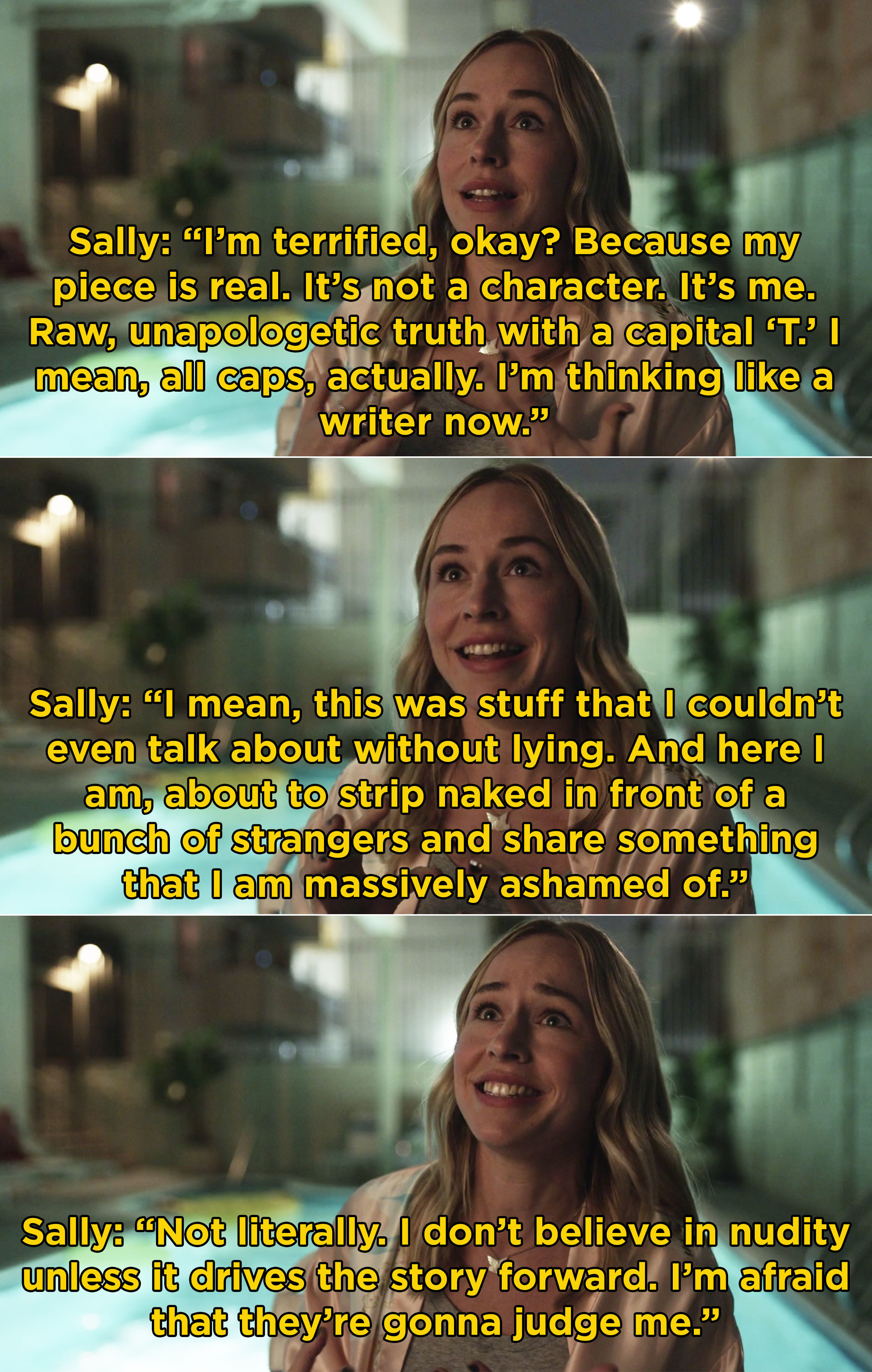 Sally explaining how she&#x27;s afraid to be vulnerable in front of everyone and tell the truth