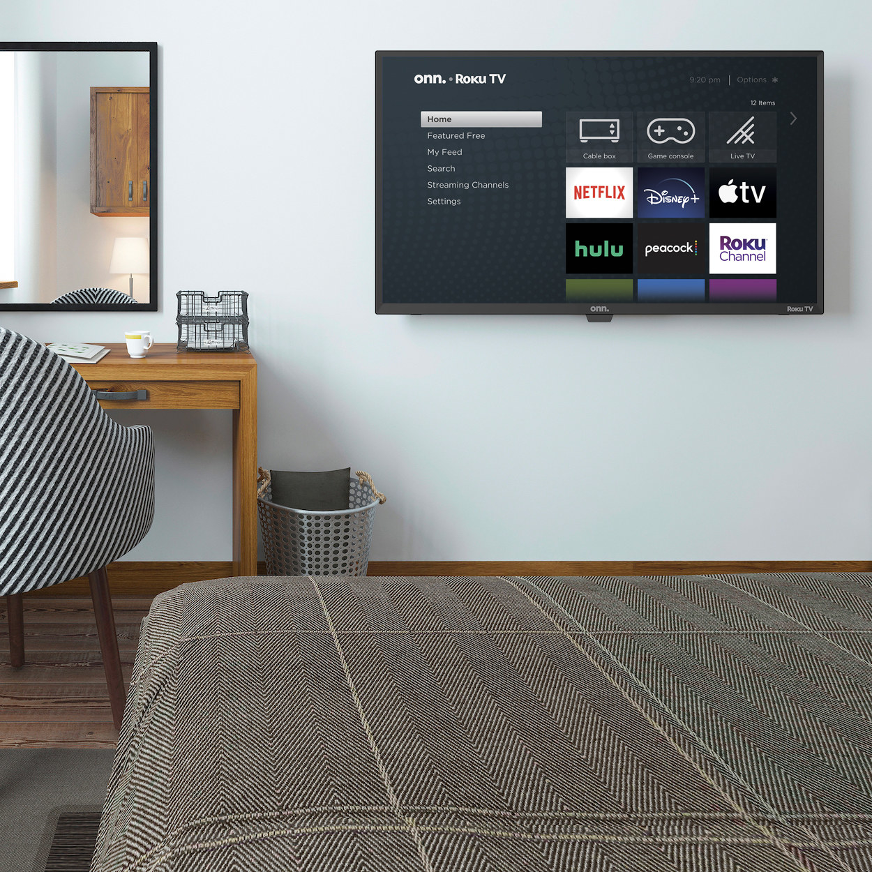 roku TV mounted on a wall in a bedroom
