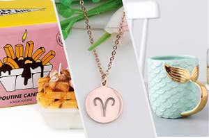 A split screen of a poutine candle a necklace with a zodiac sign and a mermaid mug