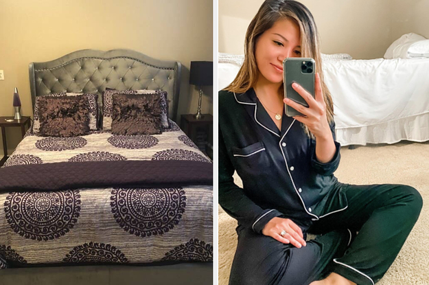 On the left, an upholstered bed, and on the right, pajamas