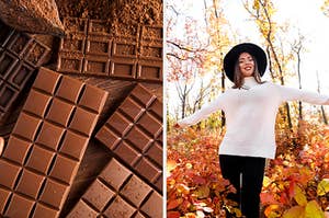 On the left, various chocolate bars on a table, and on the right, someone wearing a cozy sweater and a hat in the middle of the fall leaves