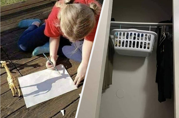 A kid traces her toy giraffe's shadow on a piece of paper