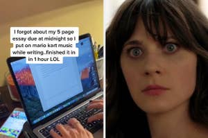 A student rushing to finish their 5 page paper in an hour while blasting Mario Kart music and Jess from New Girl looking surprised and concerned